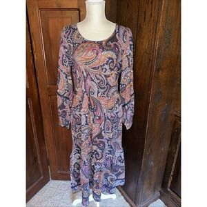 Womens Canyon Retreat Boho Maxi Dress Navy Purple Paisley Long Sleeve Medium NEW